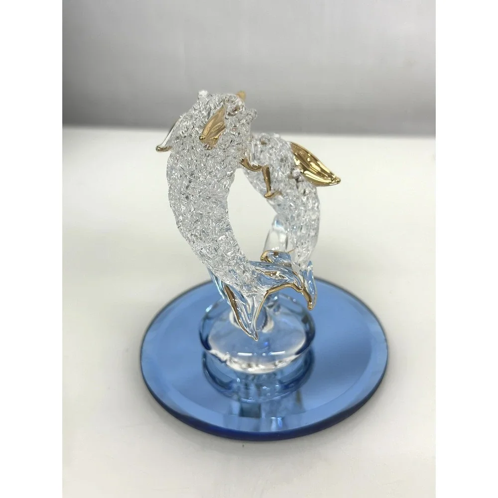 Spun Glass Dolphin Porpoise Figurine Ornament Mirror Base 24K Gold